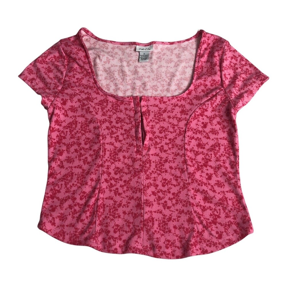 Rue 21 Top Womens XL Pink Y2k Crop Babydoll Tee Ribbed Stretch Knit Hook & Eye
